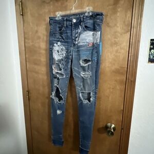 American Eagle Distressed Graffiti Jeans Painted Size 8 Punk Stretch 29‎ X 29
